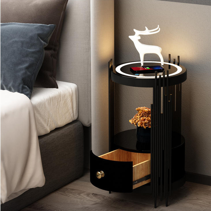 Living room double layer side table stand lamp with drawer touch led light wireless charging unique design bedside lamp