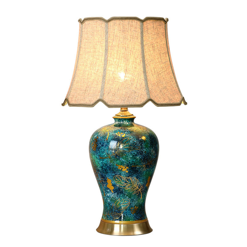 Modern ceramic lamp with brass base luxury table handmade porcelain light bedroom bedside fabric lampshade decor lighting