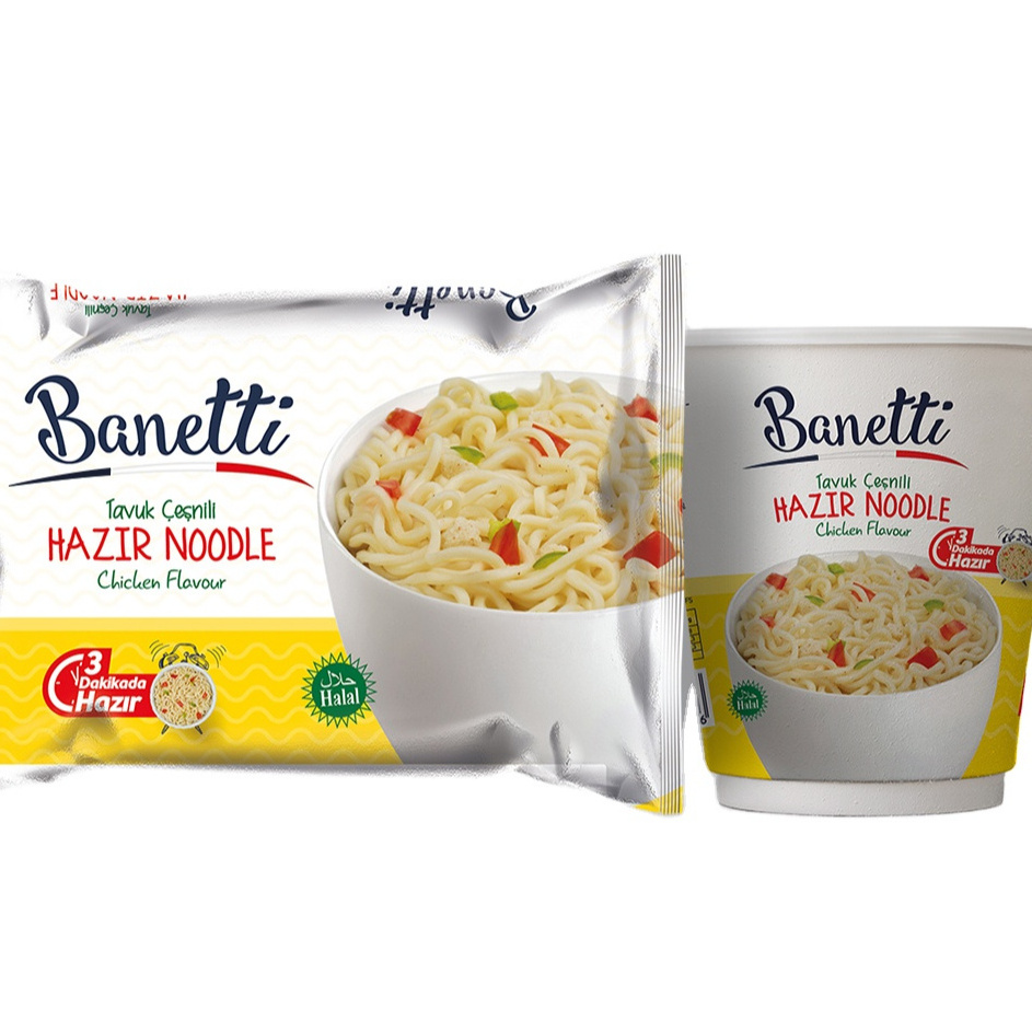 BANETTI INSTANT NOODLE CHICKEN VEGETABLE SPICY CUP AND BAG  65GR HALAL FROM TURKEY