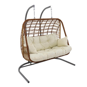 Garden Furniture Handmade Indoor Wicker Macrame Rattan Garden Adult Double Seat  Patio Swings Hanging Chair With Metal Stand