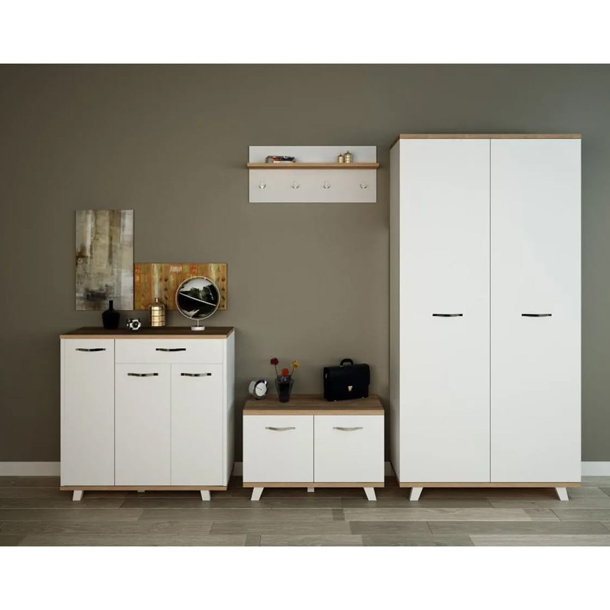 Complete Wardrobe Set: Includes Dresser, Wall-Mounted Rack with Hanger, and Shoe Storage for a Stylish and Organized Bedroom