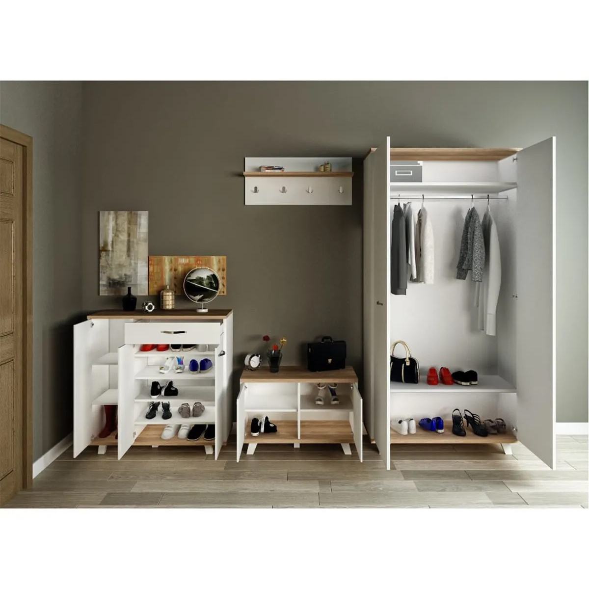 Complete Wardrobe Set: Includes Dresser, Wall-Mounted Rack with Hanger, and Shoe Storage for a Stylish and Organized Bedroom