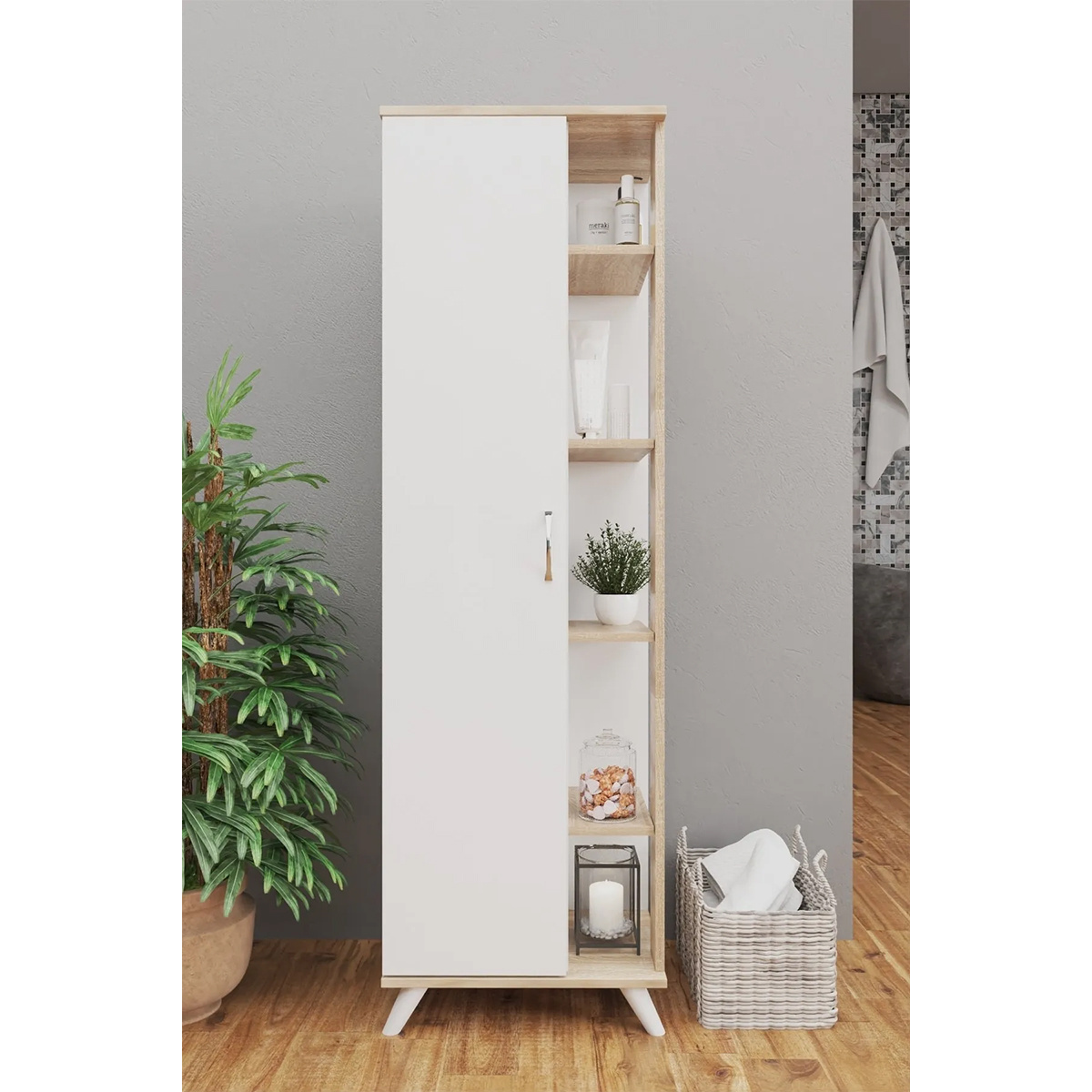 Elegant Single-Door Bathroom Cupboard with Spacious Shelves: Stylish Storage and Organization Solution for Your Bath Space