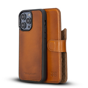 Genuine Leather Handmade Magnetic Wallet Detachable Phone Case for iPhone 15 Series Rfid and Wireless Charging Compatible