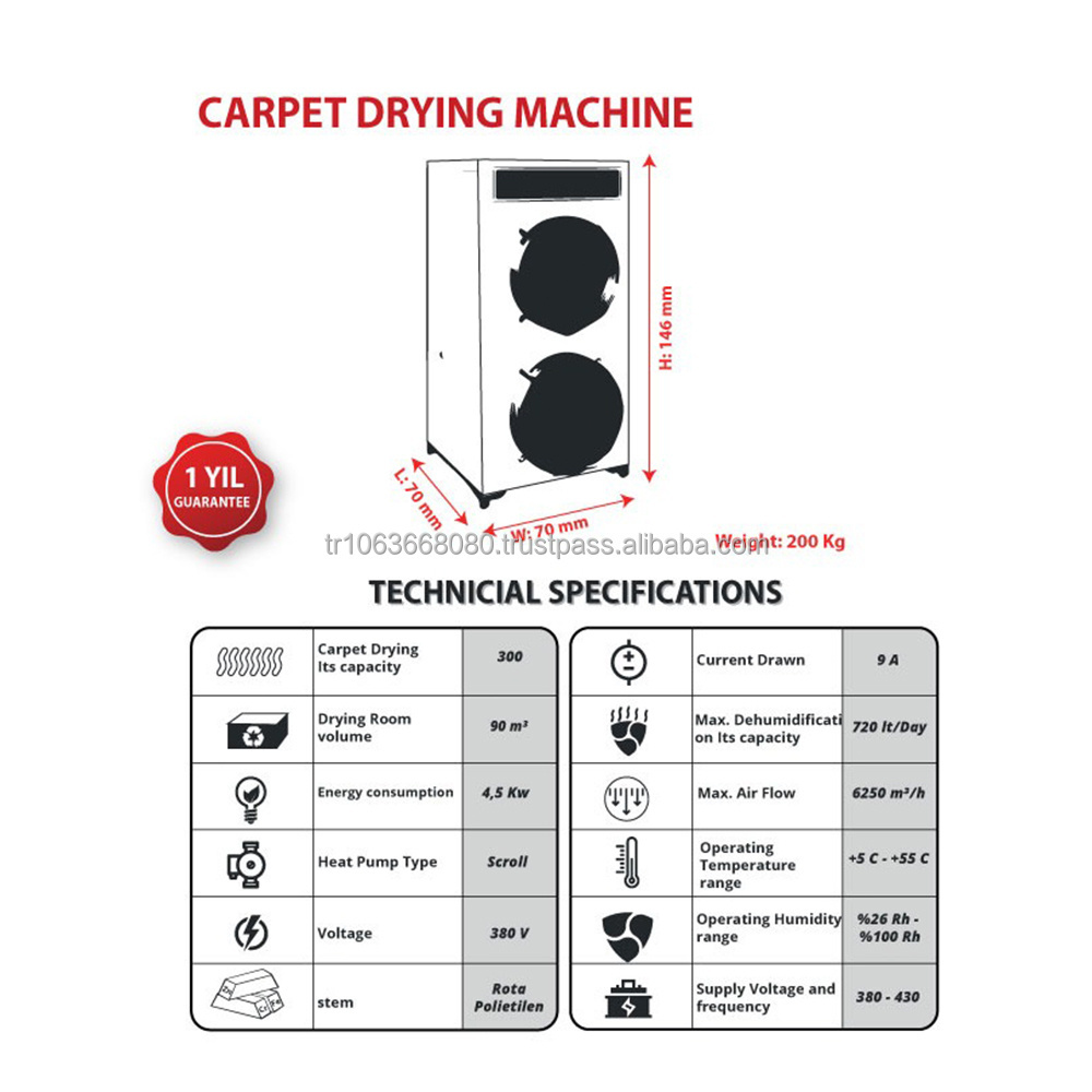 Carpet Drying Machine High Quality Drying Machines from Turkey Best Price 4.5 kw Drying Capacity 300 CE Standards