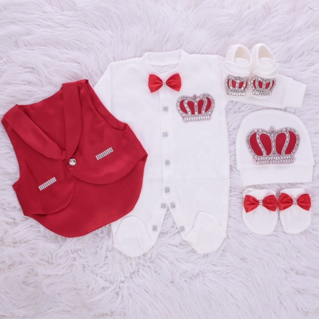 5 Pieces Custom Quality Newborn New Design Satin Vested Gift Baby Set Long Sleeve Bamboo Bubble Cotton Knitted Fabric Romper