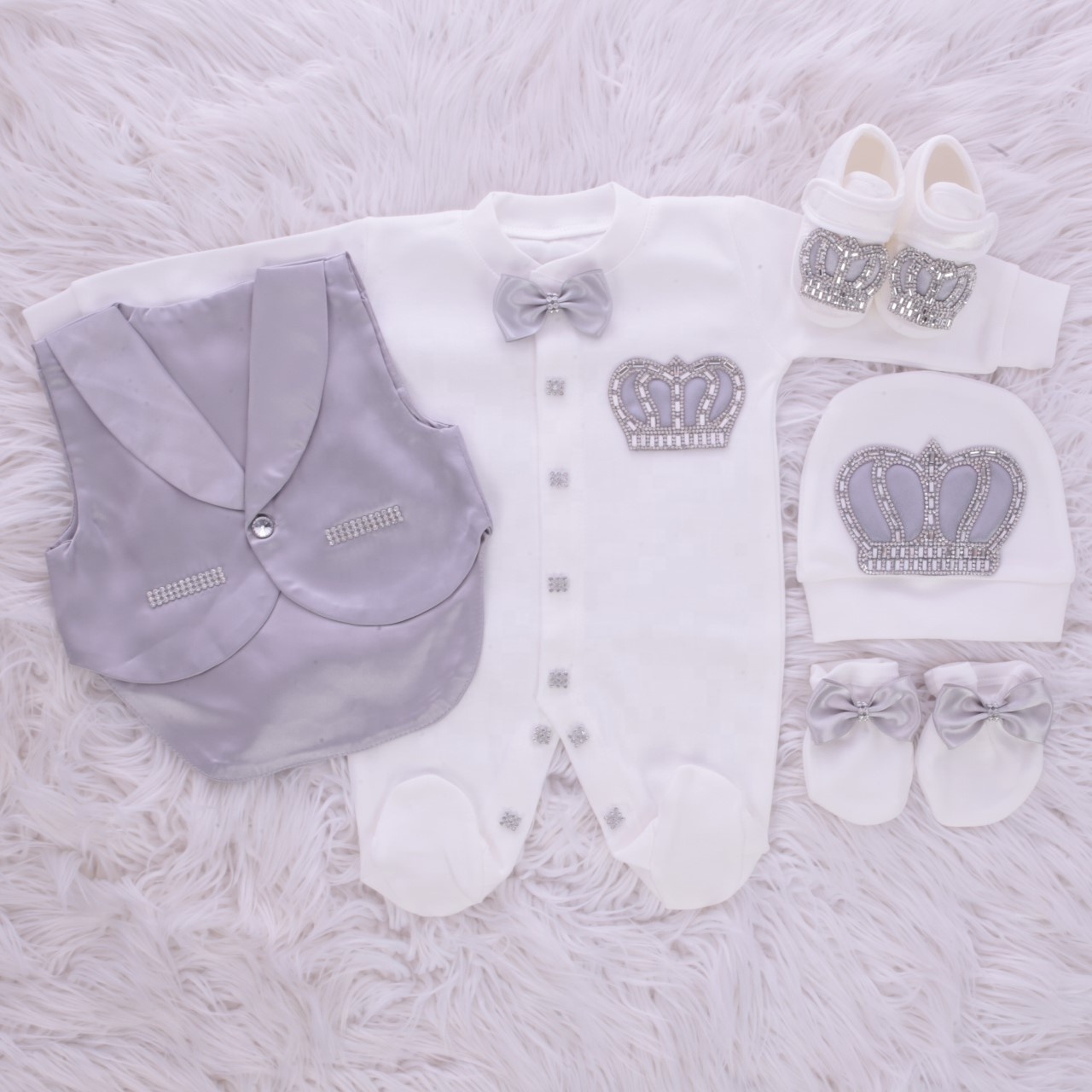 5 Pieces Custom Quality Newborn New Design Satin Vested Gift Baby Set Long Sleeve Bamboo Bubble Cotton Knitted Fabric Romper