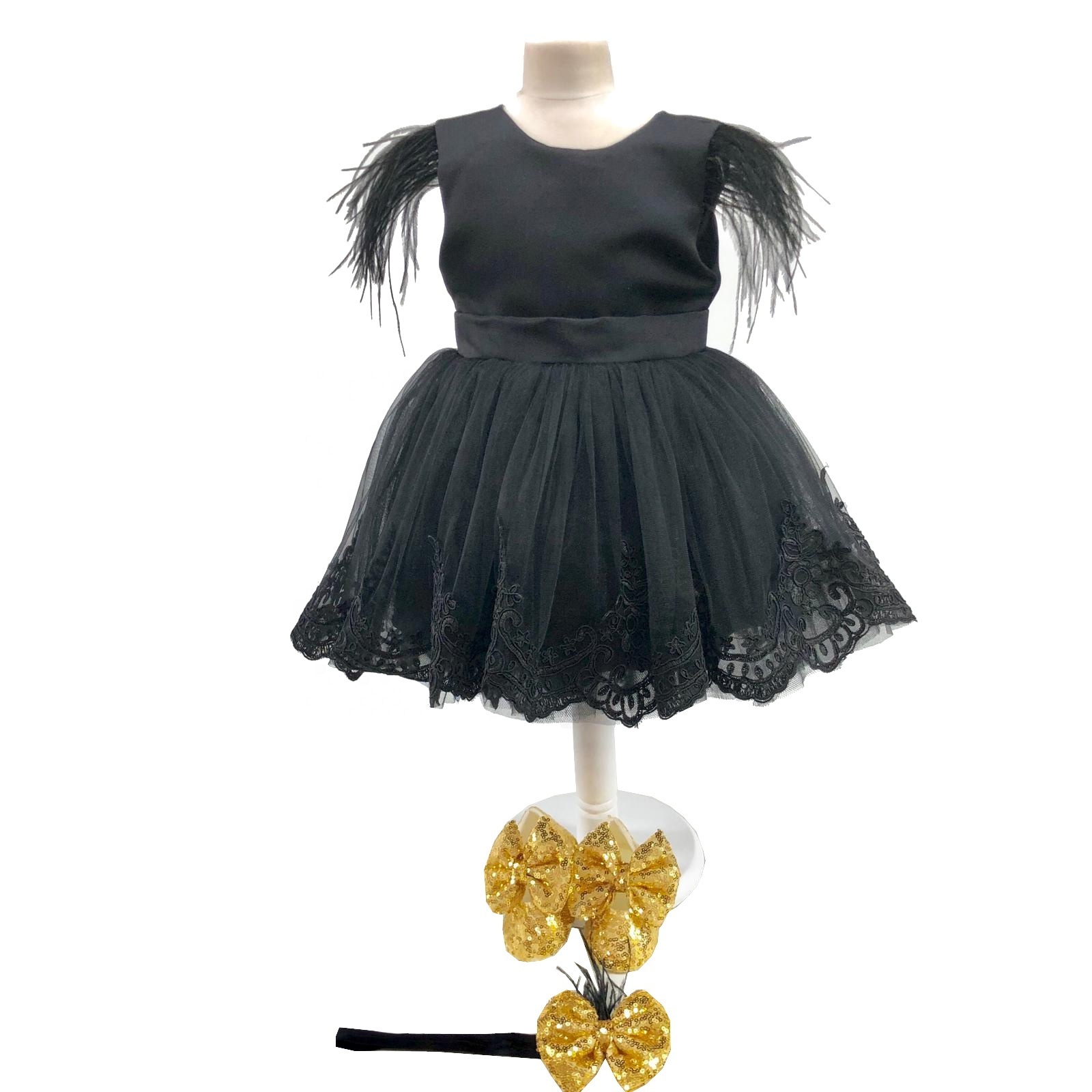 Wholesale Custom Newborn Wedding Party Birthday Clothes Clothing Beauty Princess One Pieces Black Gold Party Birthday Dress