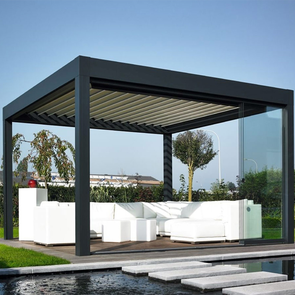 outdoor garden pergolas aluminum and PVC pergola, gazebo and arbors motorized automatize  bioclimatic solar pergola roof