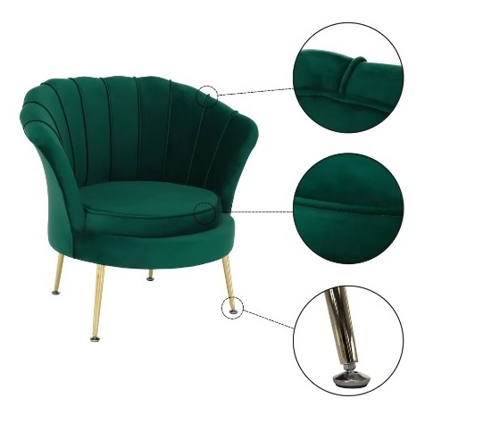 Wholesale French Suede Living Room Chair Upholstered Golden Legs Shell Chair Green Pink Blue Cream All colors Velvet Armchair