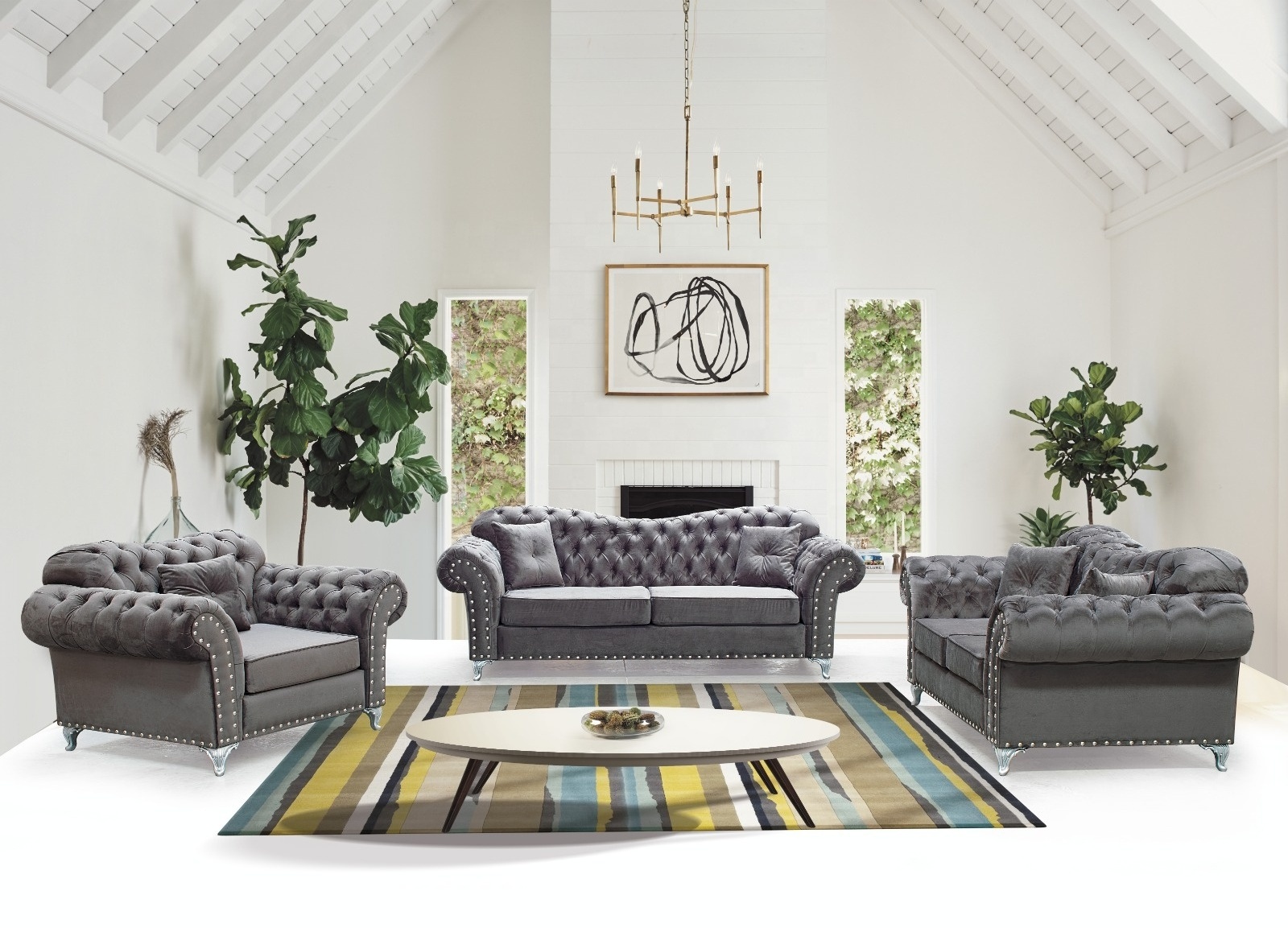 Modern Tufted Velvet Fabric Living Room Sofa Set