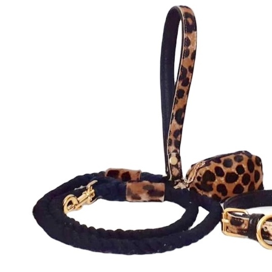 Dog Leash Genuine Leather Leopard Pattern Or Custom High Quality Pet Products Durable Buckles Collar Harness Treat Bag Sets Pink