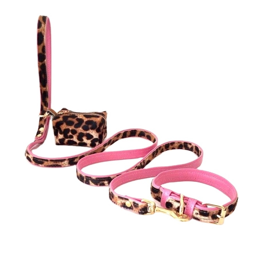 Dog Leash Genuine Leather Leopard Pattern Or Custom High Quality Pet Products Durable Buckles Collar Harness Treat Bag Sets Pink