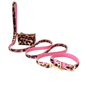 Dog Leash Genuine Leather Leopard Pattern Or Custom High Quality Pet Products Durable Buckles Collar Harness Treat Bag Sets Pink