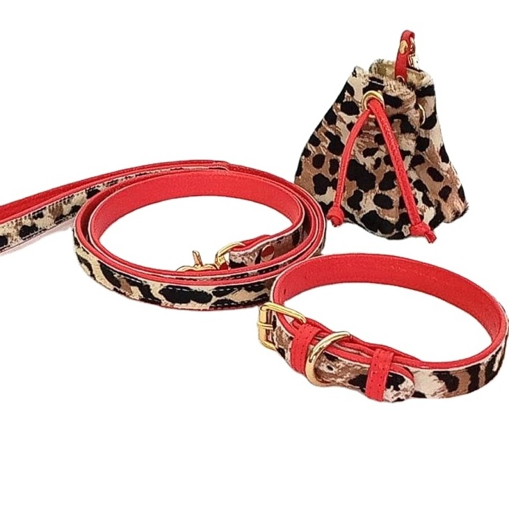 Dog Leash Genuine Leather Leopard Pattern Or Custom High Quality Pet Products Durable Buckles Collar Harness Treat Bag Sets Pink