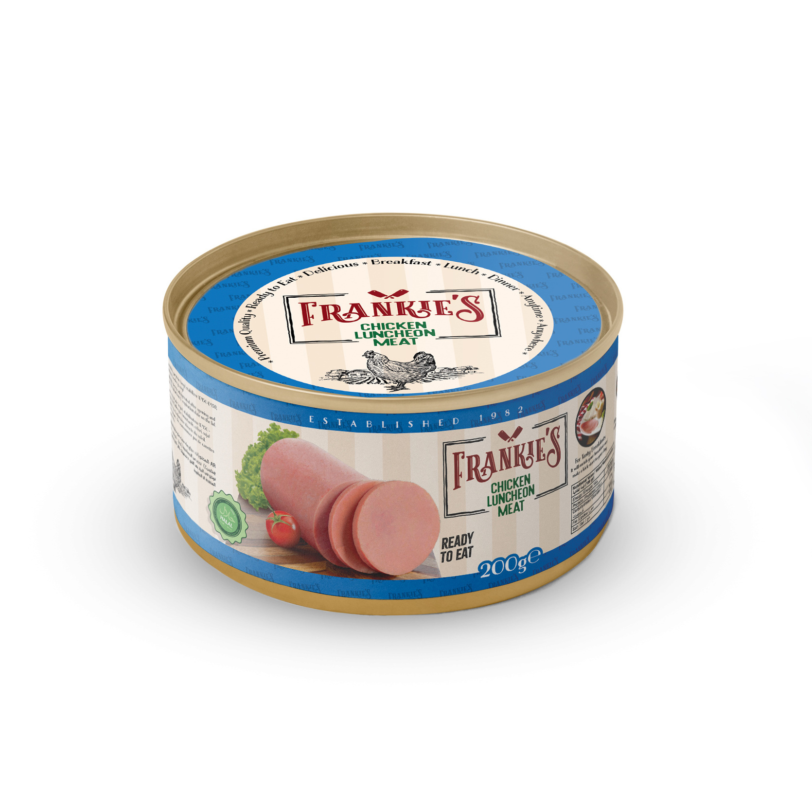 200 g Frankies Chicken Luncheon Meat Easy Open Tin Can Round Shape Premium Quality Affordable Best Price