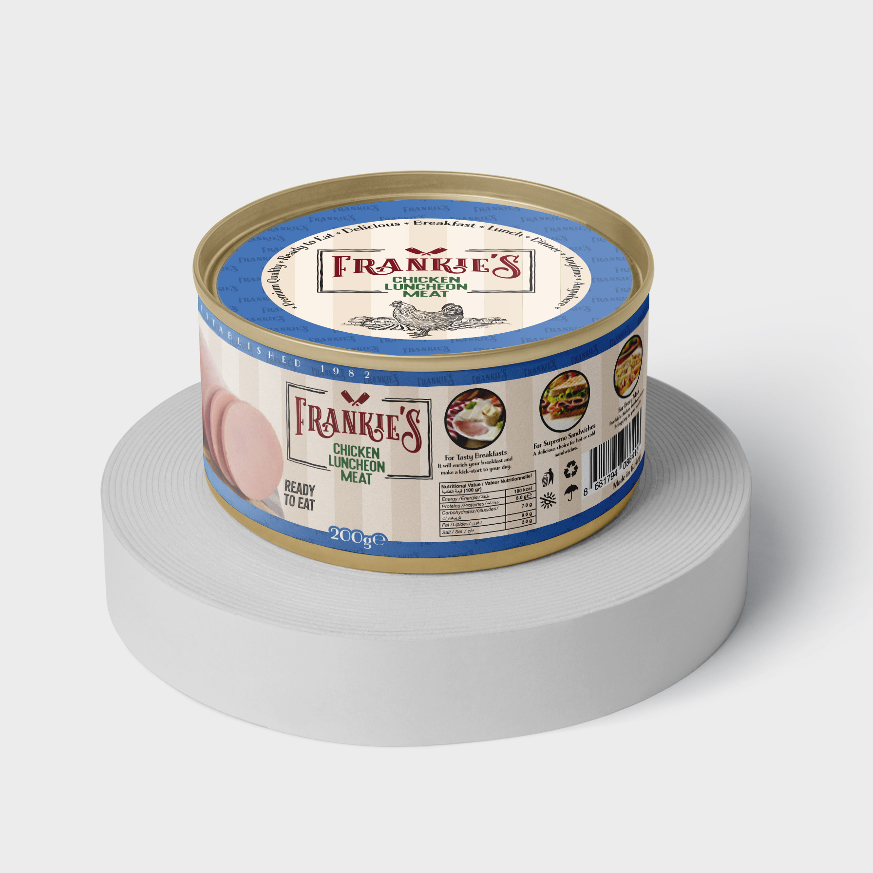 200 g Frankies Chicken Luncheon Meat Easy Open Tin Can Round Shape Premium Quality Affordable Best Price