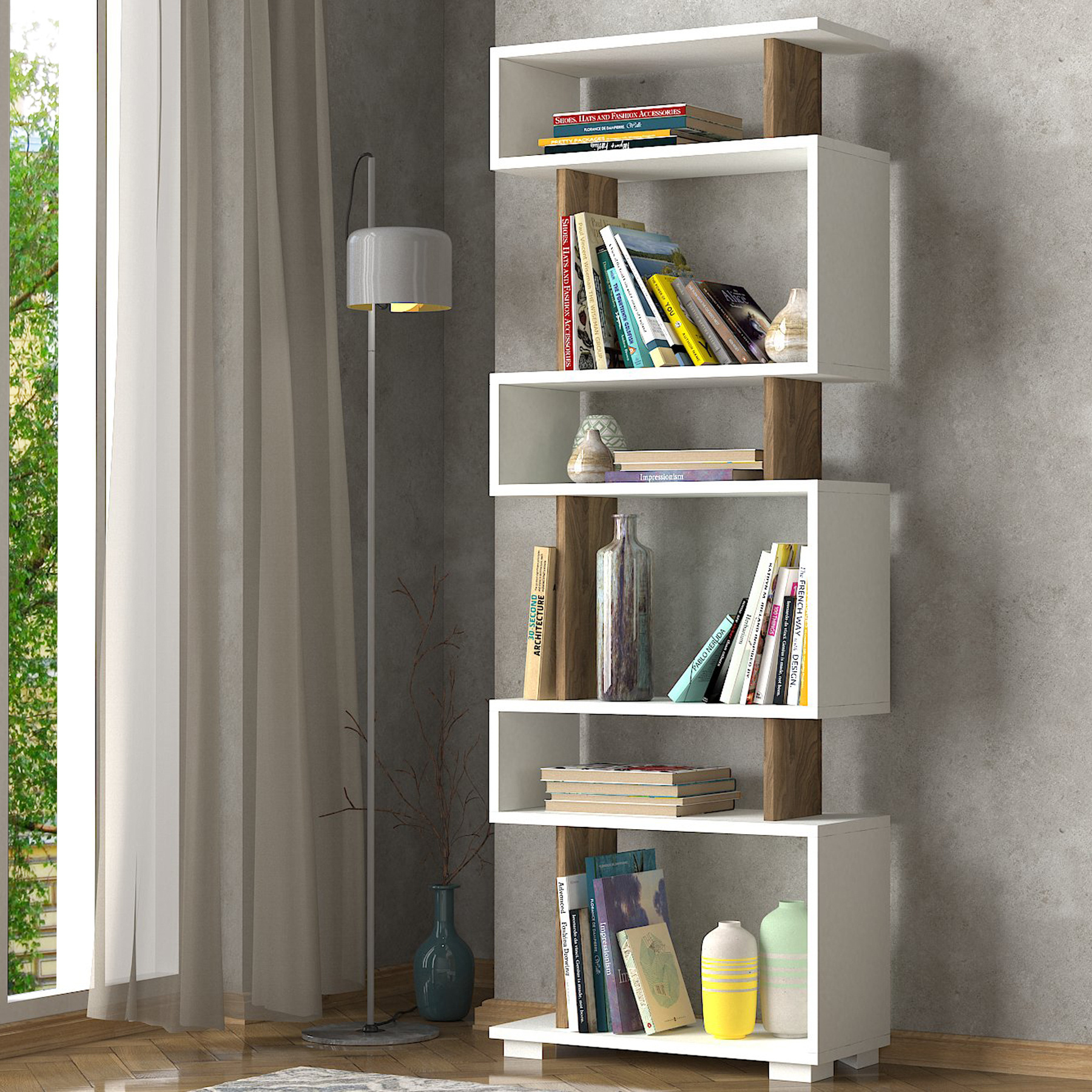 Block Book Shelf Wooden White Walnut Walnut Bookcase 6 Tier Modern Design Living Room Furniture