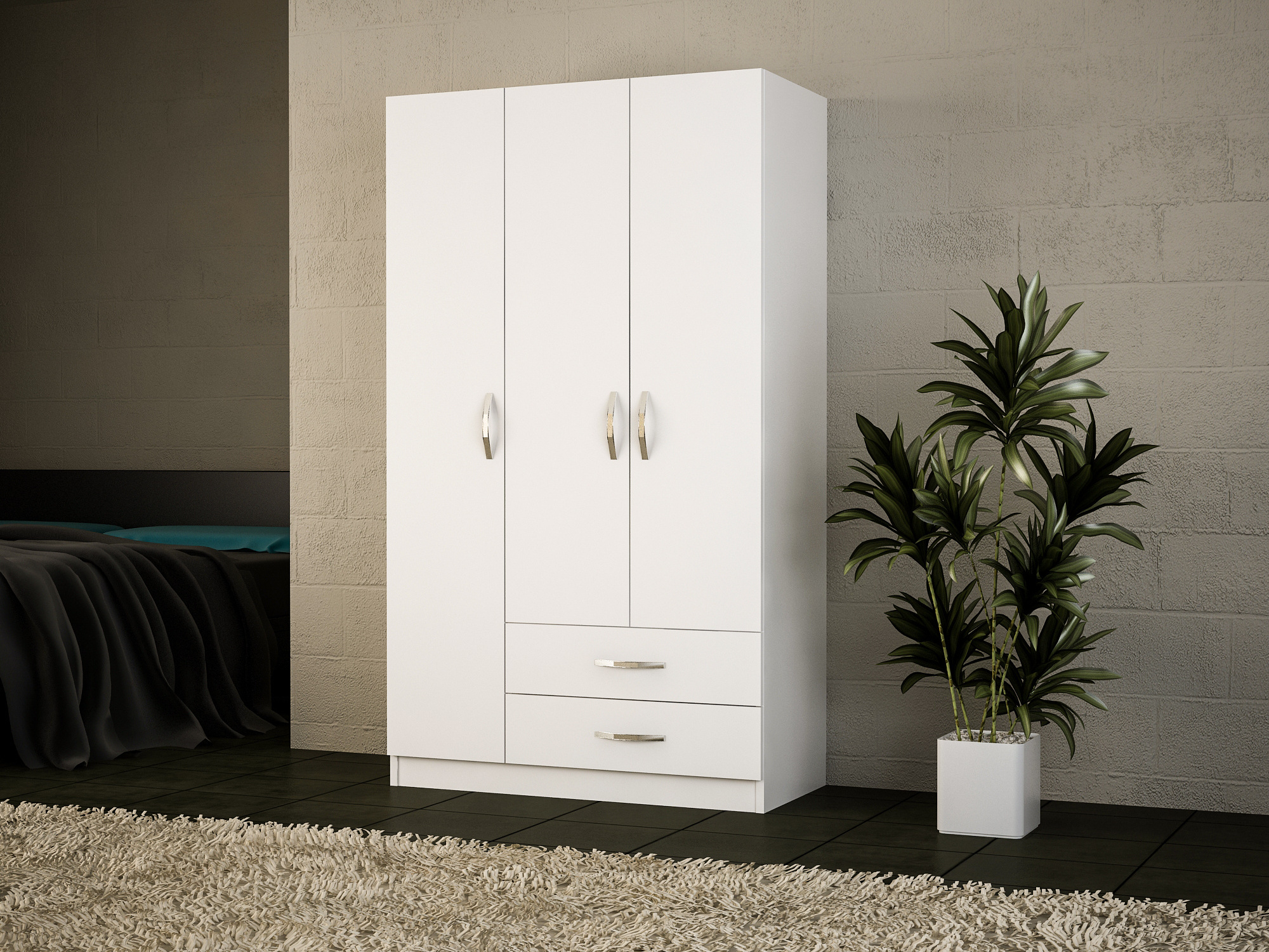 Available 2 Drawer White Lacquer 3 Door Wardrobe