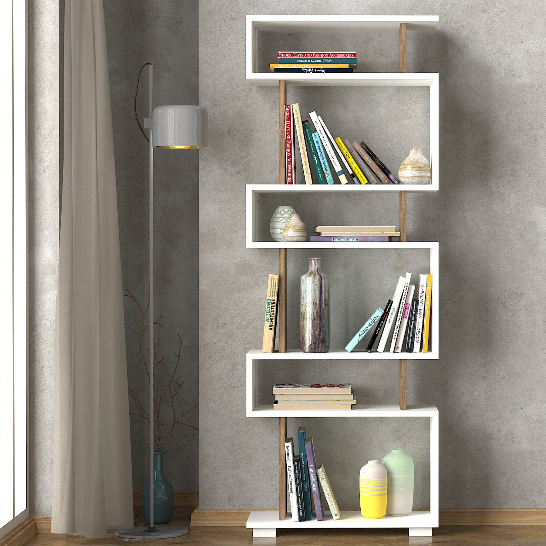 Block Book Shelf Wooden White Walnut Walnut Bookcase 6 Tier Modern Design Living Room Furniture