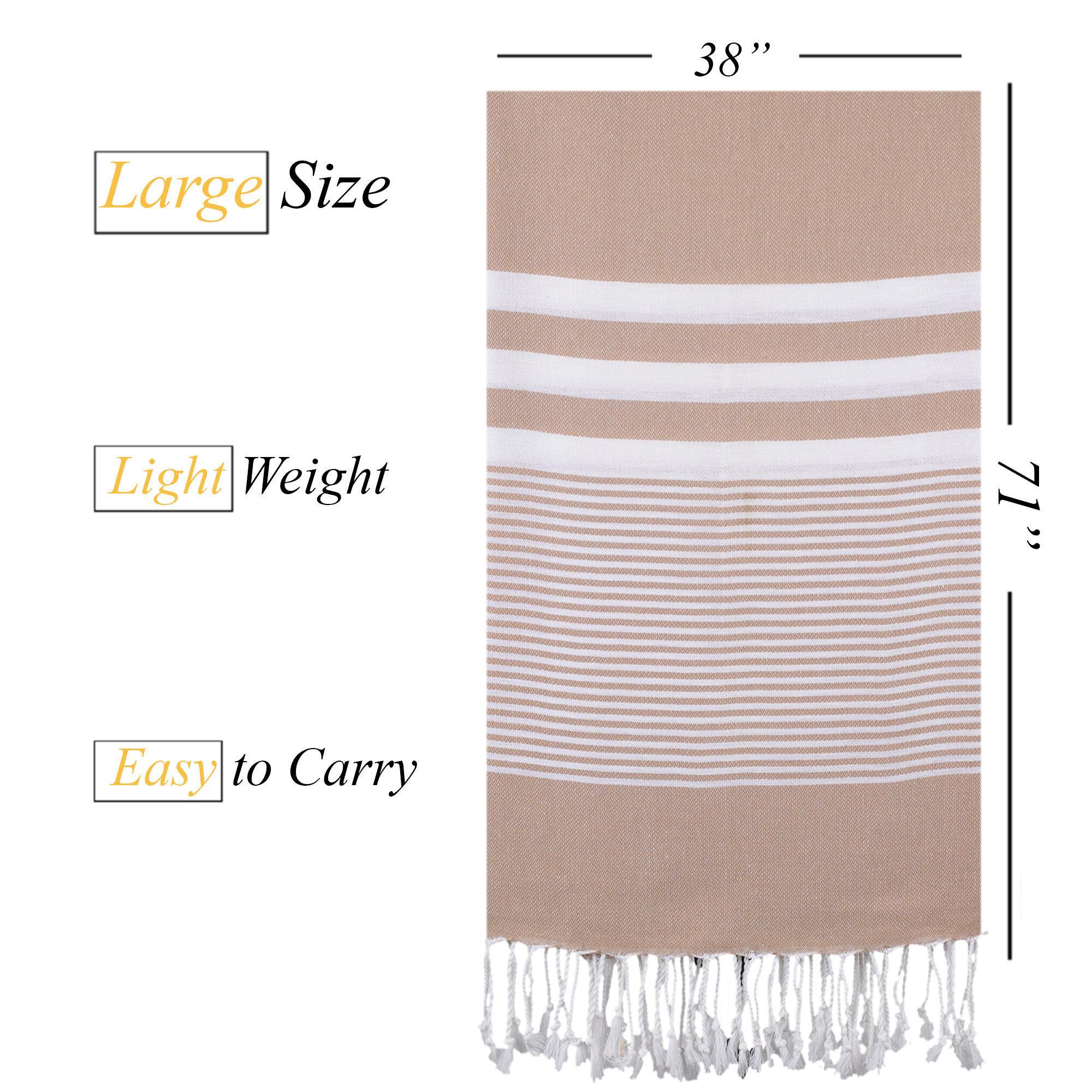 The Best Peshtemal- 90x180 cm Soft and Luxury Turkish Beach Towel- Highly Absorbent- Sand Free Pestemal Hereke Light Brown