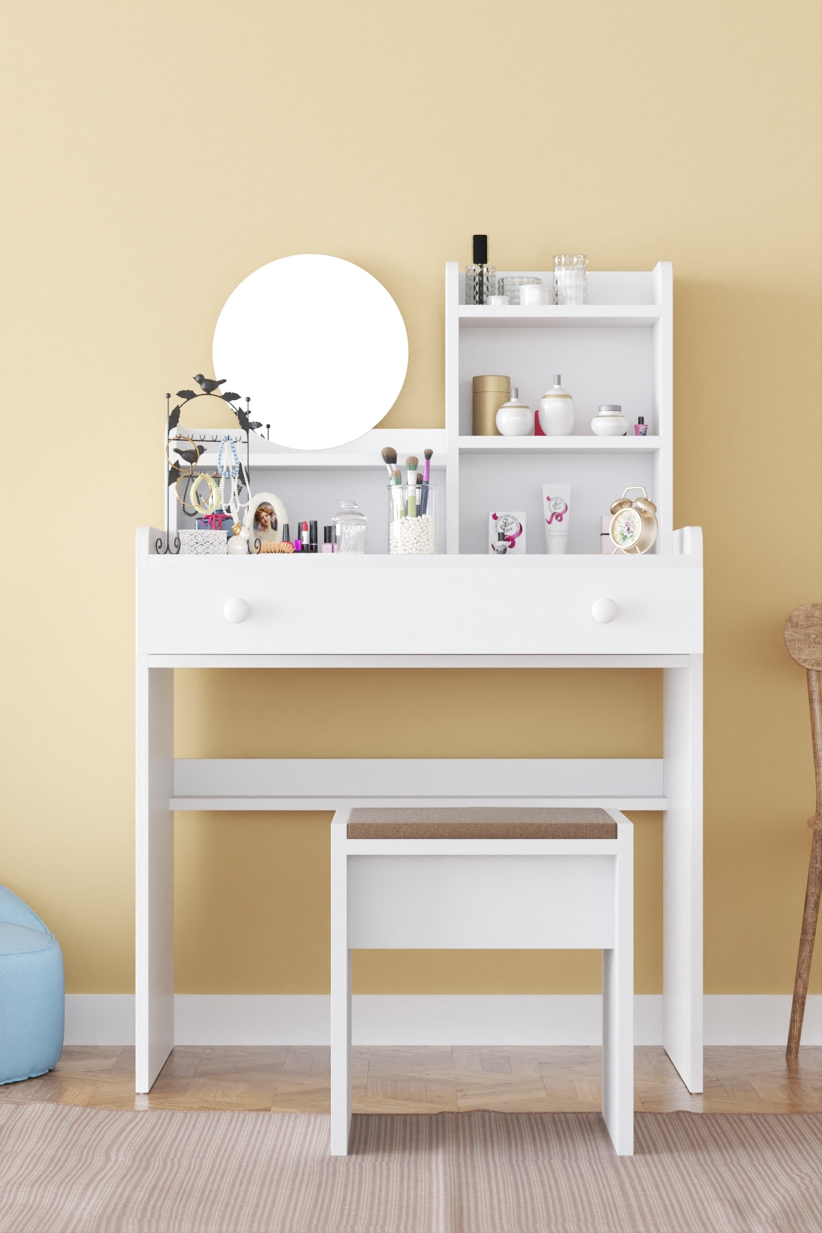 European Modern Storage Dresser With Mirror And Stool Makeup Vanity Table Bedroom Furniture