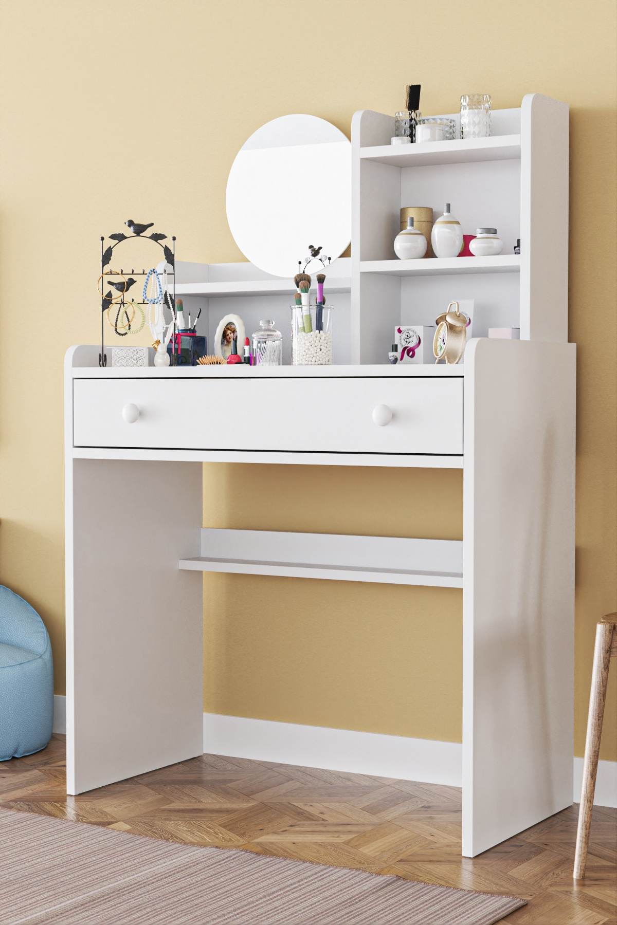 European Modern Storage Dresser With Mirror And Stool Makeup Vanity Table Bedroom Furniture