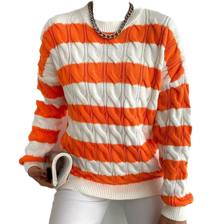 Textured Stripe-Pattern Crew Neck Sweater with Ribbed Cuffs and Contrast Hem Detail 2023 Winter Fashion