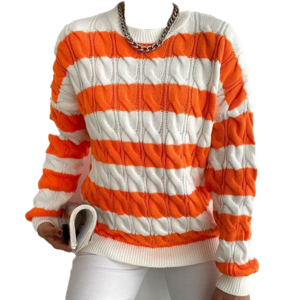 Textured Stripe-Pattern Crew Neck Sweater with Ribbed Cuffs and Contrast Hem Detail 2023 Winter Fashion