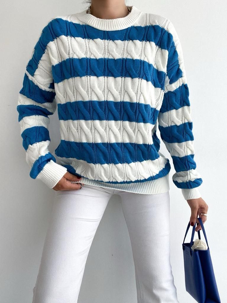 Textured Stripe-Pattern Crew Neck Sweater with Ribbed Cuffs and Contrast Hem Detail 2023 Winter Fashion