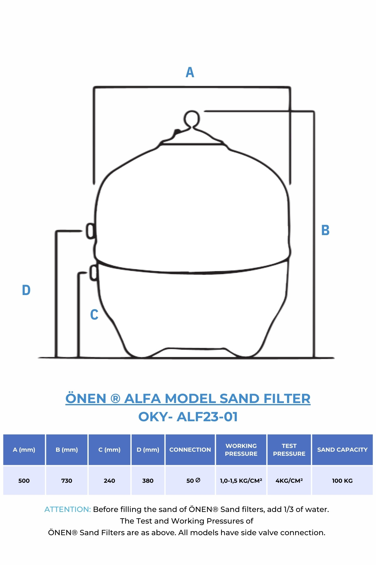 High Quality 2024 ONEN KIMYA Pool Equipments ONEN 620 mm ALPHA MODEL SAND FILTERS For Swimming Pools Multiport Valve Gifted