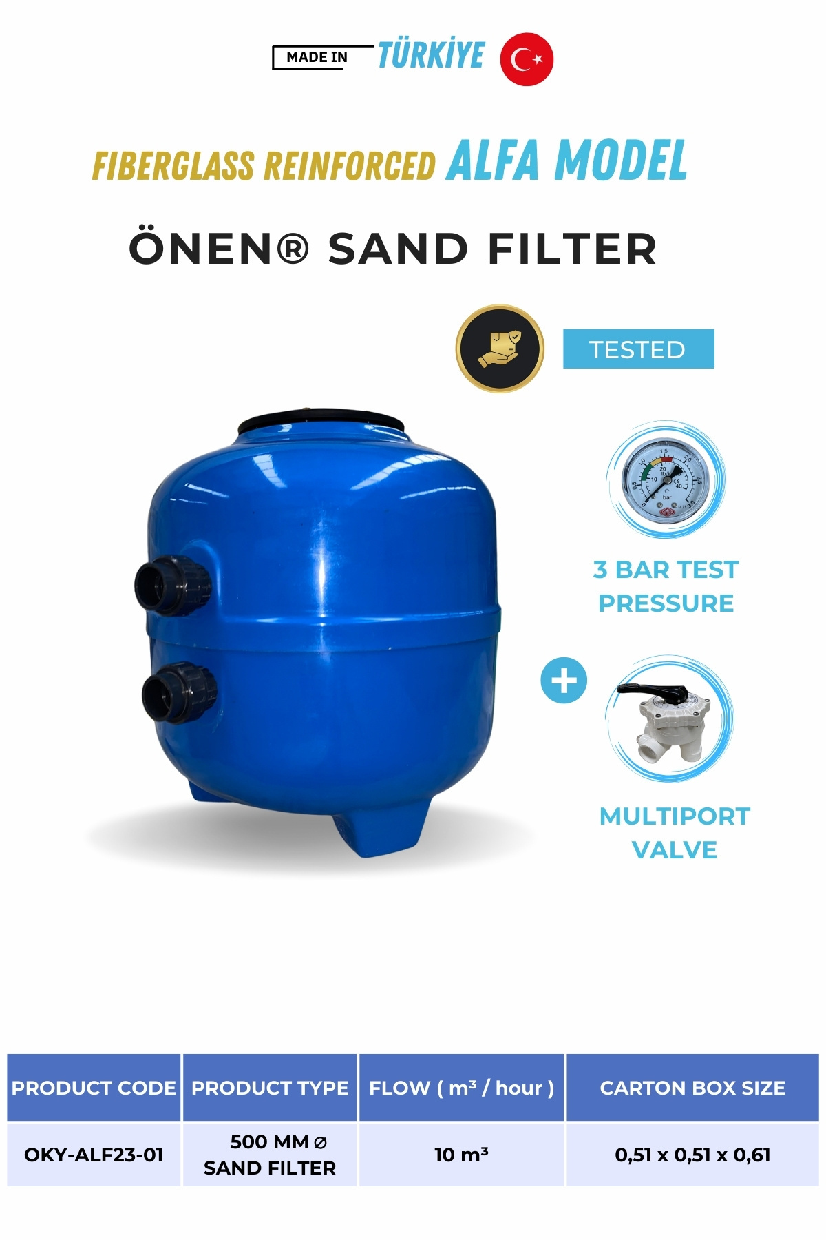 High Quality 2024 ONEN KIMYA Pool Equipments ONEN 620 mm ALPHA MODEL SAND FILTERS For Swimming Pools Multiport Valve Gifted