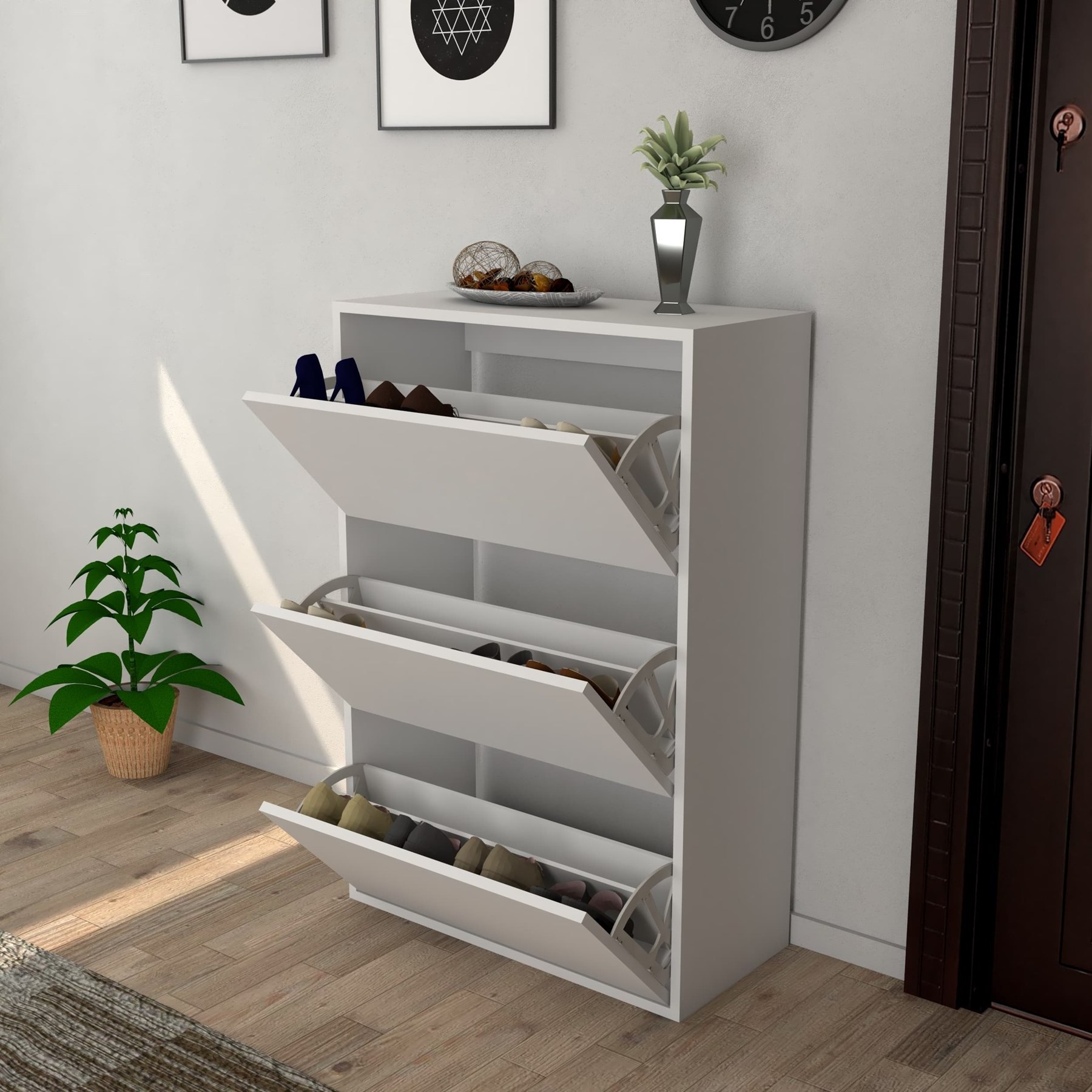 Long Lasting Shoe Rack with 3 Doors Sliding Shelf White High Quality Modern Furniture Shoe Racks