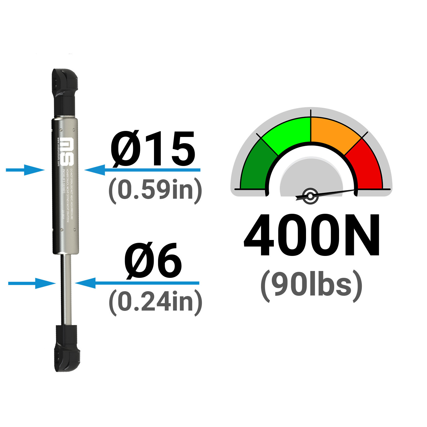 IL06PL-80-244-F1 244 mm Mini Stainless Steel Lift Support Gas Spring for Ammunition Chest Cover Flap 80 mm Stroke ISO Certified