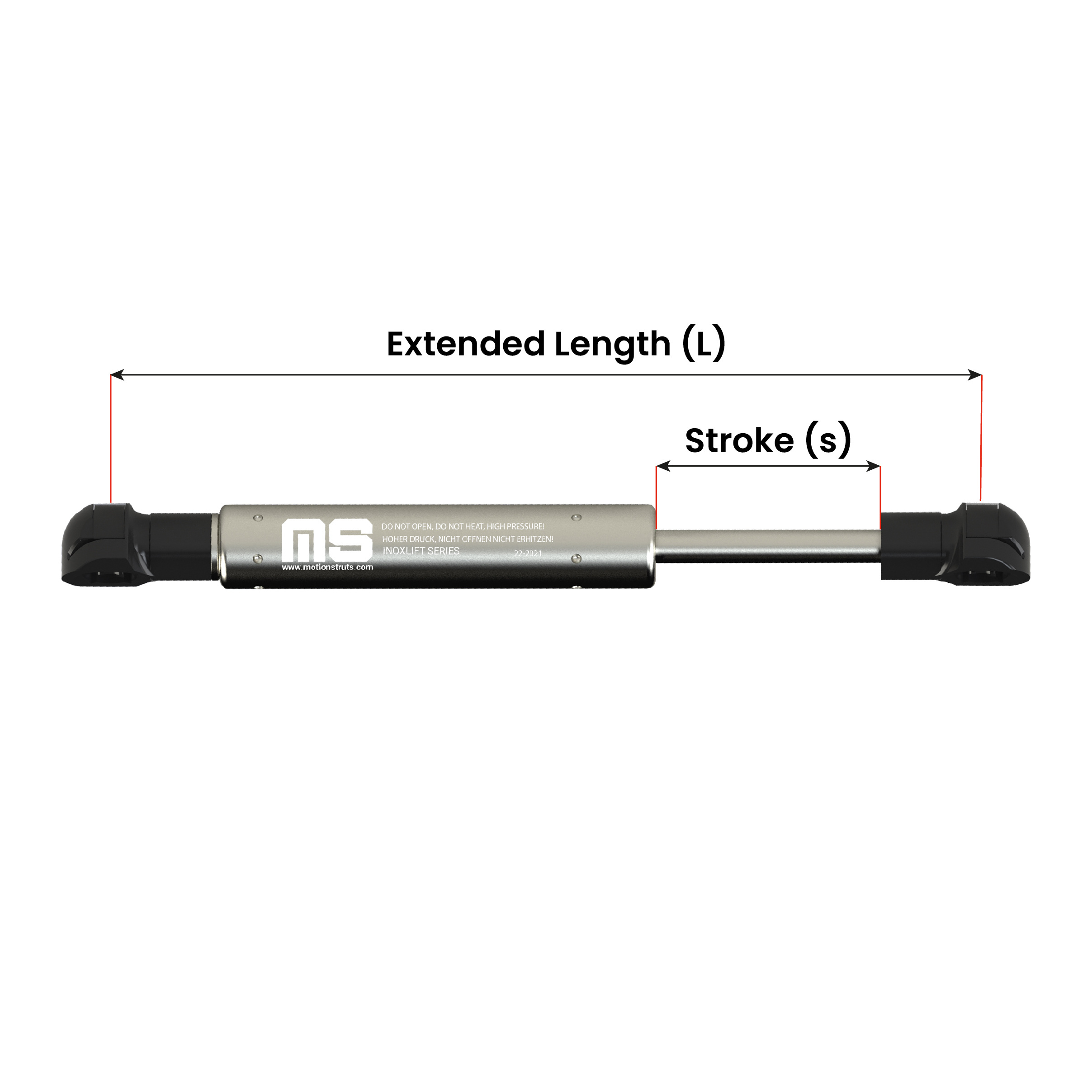 IL06PL-80-244-F1 244 mm Mini Stainless Steel Lift Support Gas Spring for Ammunition Chest Cover Flap 80 mm Stroke ISO Certified