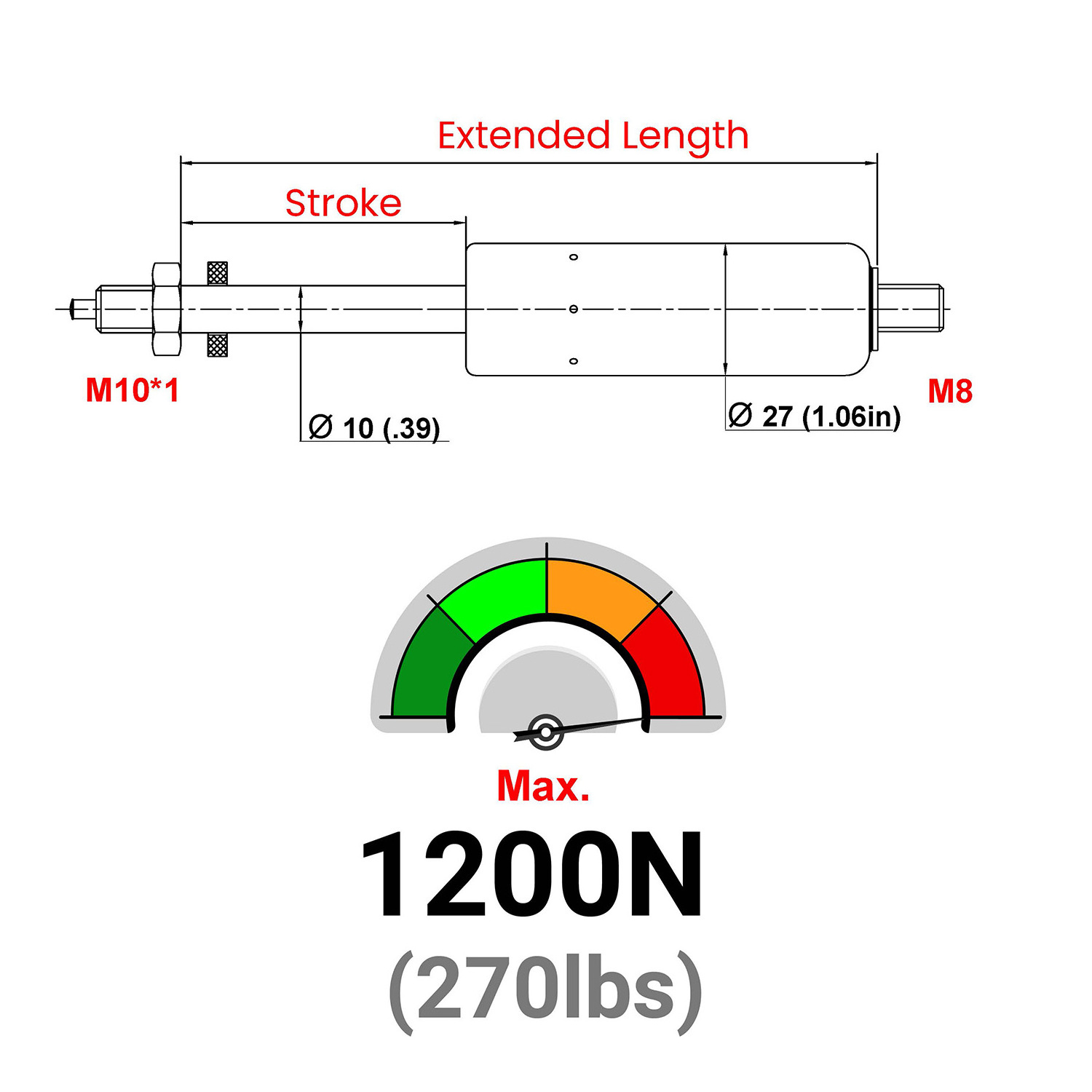 BTE27-120-416-F1 416 mm Rigid Locking Gas Spring Strut for Hydraulic Salon Chair 120 mm Stroke ISO Certified Factory Sale