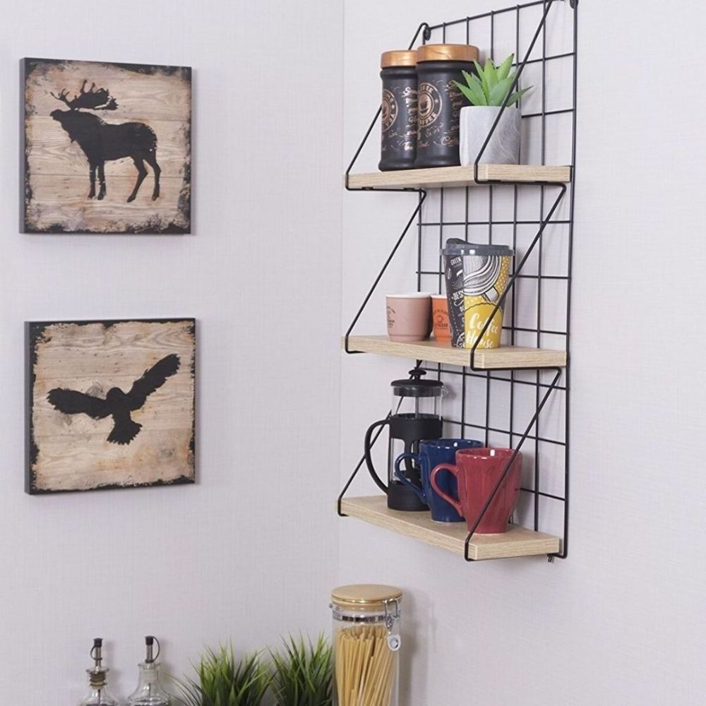 Metal Wooden 3 Shelves Wire Bathroom Wall Shelf Organizer Tier Wood Wall Shelf with Black Metal Hook