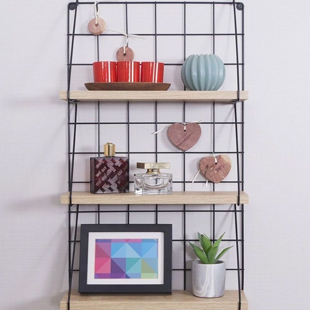 Metal Wooden 3 Shelves Wire Bathroom Wall Shelf Organizer Tier Wood Wall Shelf with Black Metal Hook