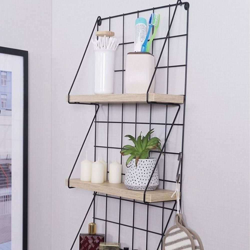 Metal Wooden 3 Shelves Wire Bathroom Wall Shelf Organizer Tier Wood Wall Shelf with Black Metal Hook