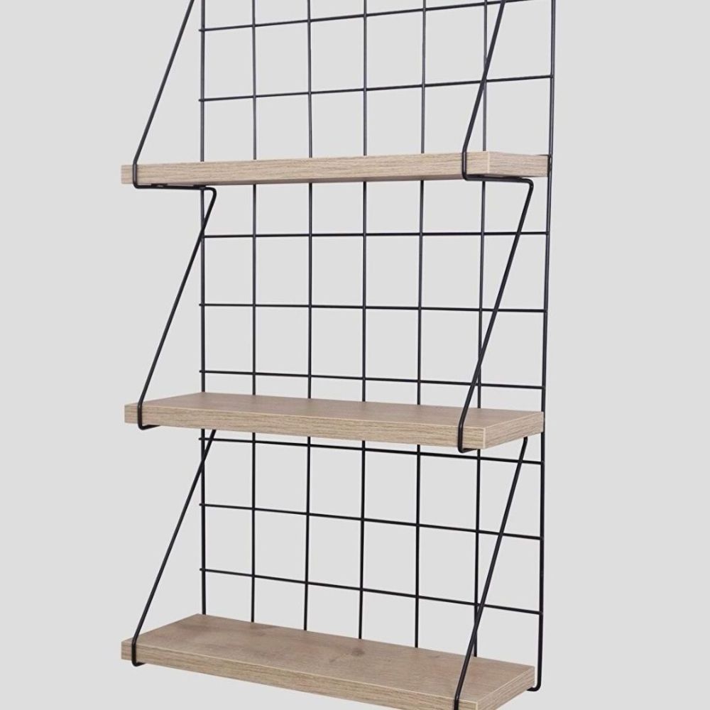 Metal Wooden 3 Shelves Wire Bathroom Wall Shelf Organizer Tier Wood Wall Shelf with Black Metal Hook