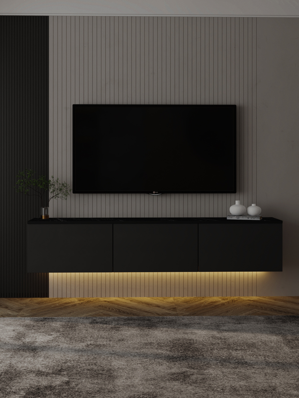 Premium Quality NEON Led Light Tv Stand Anthracite Black Marble Cabinet With Doors Wall Mounted Style Living Room Home Furniture