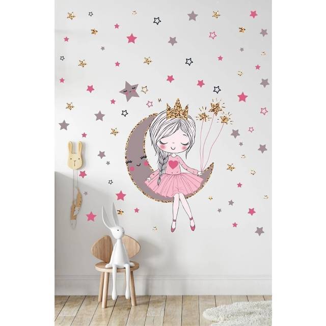 Sitting Cute Girl On A Rainbow Wall Sticker Set Decorative Sticker Children Room Sticker