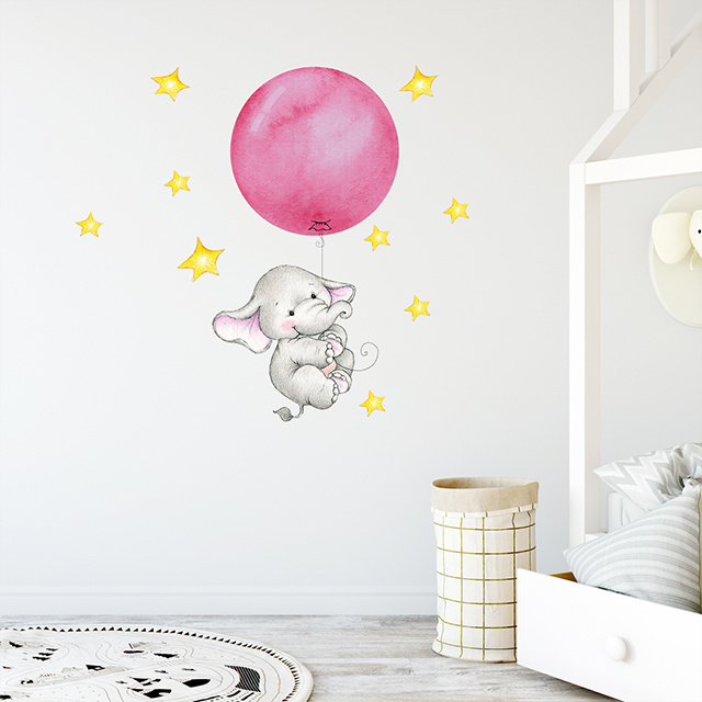 Pink Balloon Cute Elephant  Children's Room Wall Sticker Set  Glass Wall Door Decorative Sticker Home Decoration for Baby Room