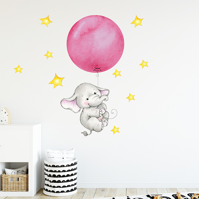 Pink Balloon Cute Elephant  Children's Room Wall Sticker Set  Glass Wall Door Decorative Sticker Home Decoration for Baby Room