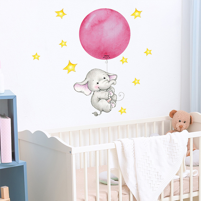 Pink Balloon Cute Elephant  Children's Room Wall Sticker Set  Glass Wall Door Decorative Sticker Home Decoration for Baby Room