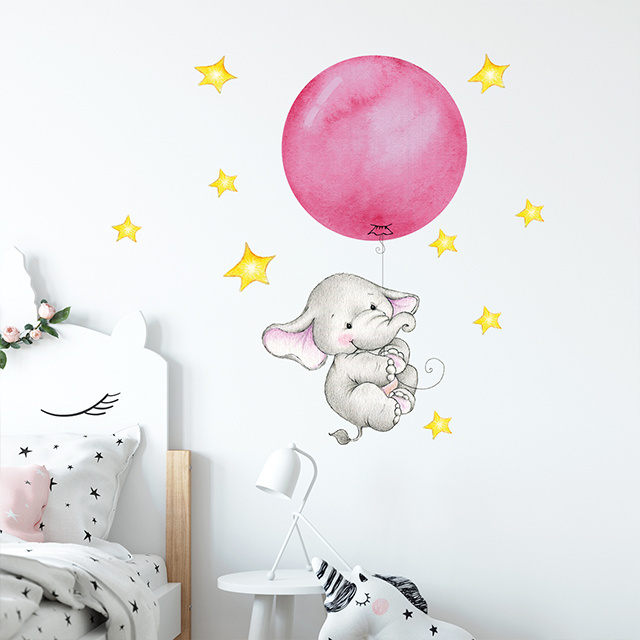 Pink Balloon Cute Elephant  Children's Room Wall Sticker Set  Glass Wall Door Decorative Sticker Home Decoration for Baby Room