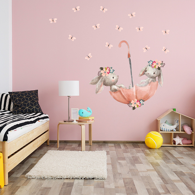 Cute Rabbit Umbrella Children's Room Wall Sticker Set Bunny Wall Door Glass Decorative Sticker Home Decoration for Baby Room