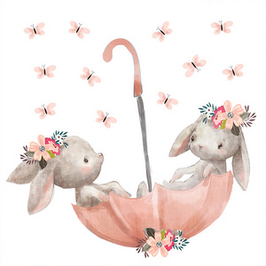 Cute Rabbit Umbrella Children's Room Wall Sticker Set Bunny Wall Door Glass Decorative Sticker Home Decoration for Baby Room