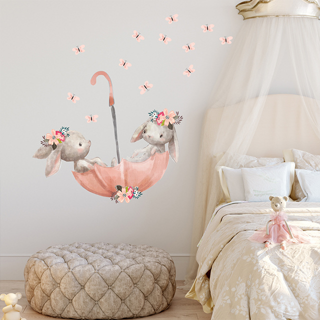 Cute Rabbit Umbrella Children's Room Wall Sticker Set Bunny Wall Door Glass Decorative Sticker Home Decoration for Baby Room