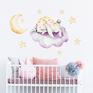 Pink Bunny on Cloud Children's Room Wall Sticker Set  Glass Wall Door Decorative Sticker Home Decoration for Baby Room